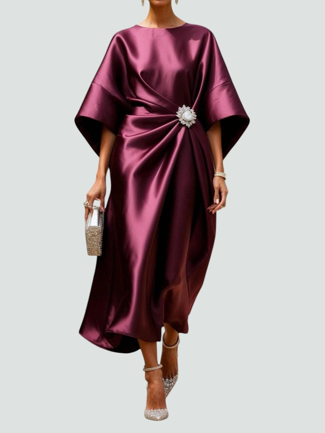 Luneth | Satin Midi Dress with Jeweled Waist Detail