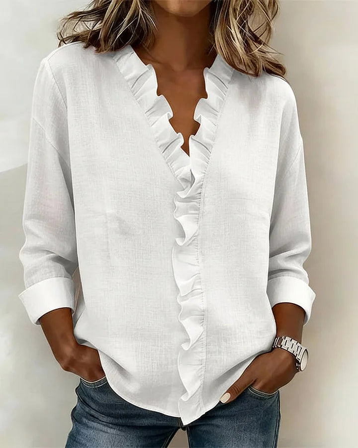 Aletta | Ruffled V-Neck Blouse with Long Sleeves