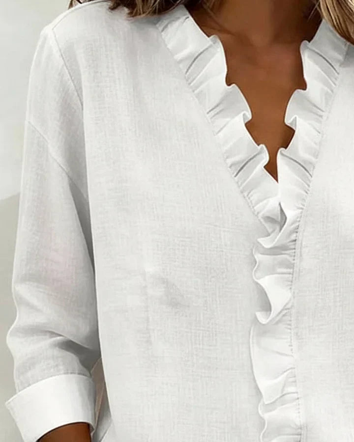 Aletta | Ruffled V-Neck Blouse with Long Sleeves