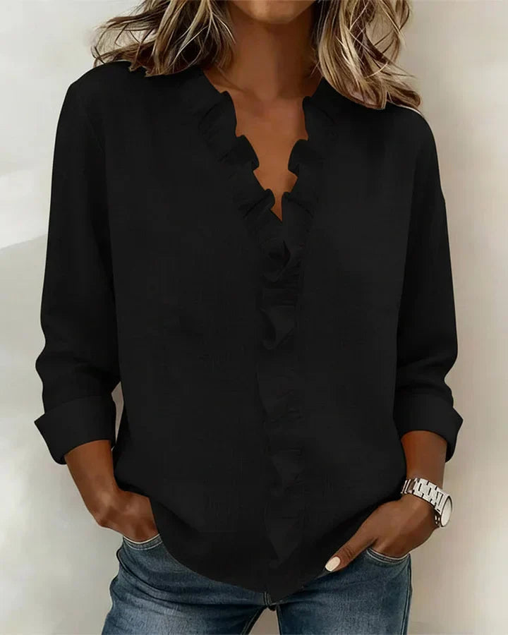 Aletta | Ruffled V-Neck Blouse with Long Sleeves