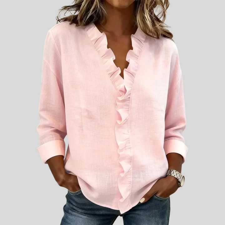 Aletta | Ruffled V-Neck Blouse with Long Sleeves