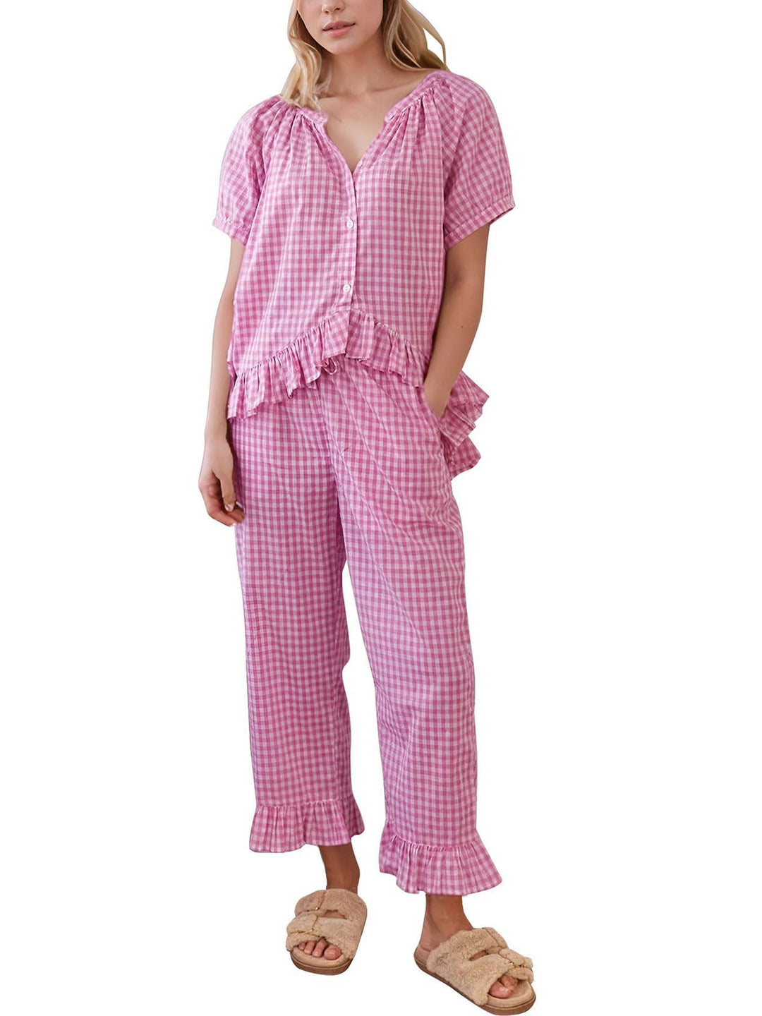 Hadley | Gingham Puff Sleeve Ruffle Pajama Set