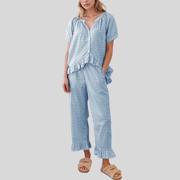 Hadley | Gingham Puff Sleeve Ruffle Pajama Set